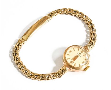 A Lady's 9 Carat Gold Omega Wristwatch, manual wound lever movement, bracelet clasp with a 9 carat gold hallmarkGross Weight: