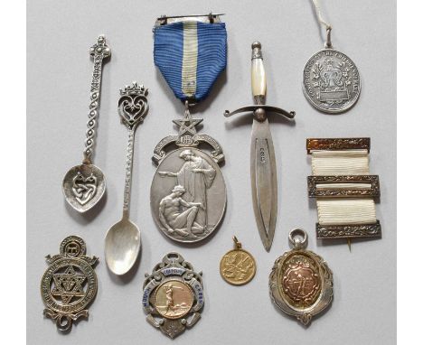 Assorted Silver Medals and Other Items, including a Masonic medal designed by Charles Leighfield Doman, one side stamped with