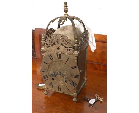 A Late 17th Century Style Striking Lantern Clock, twin spring barrel movement, striking on a top mounted bell, movement back 