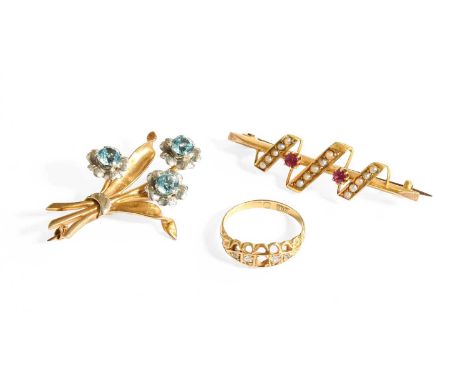 A 9 Carat Gold Blue Zircon Brooch, length 3.8cm; A 15 Carat Gold Synthetic Ruby and Split Pearl Brooch, length 4.4cm; and A D