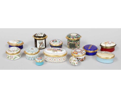 Halcyon Days Enamel Boxes, eleven ovoid and circular examples, a miniature example, and an egg-shaped bonbonniere; together w