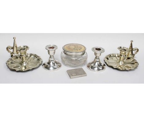 A Collection of Assorted Silver and Silver Plate, the silver including a powder compact, a silver-mounted glass dressing-tabl