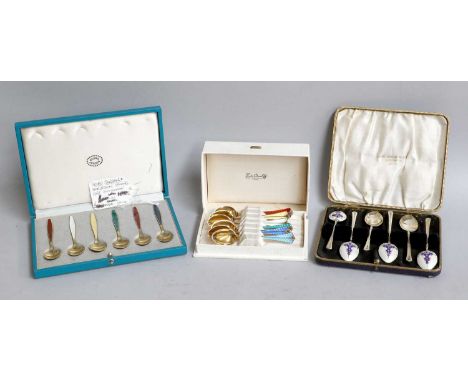 A Cased Set of Six Danish Silver-Gilt and Enamel Coffee-Spoons, by Georg Jensen, Copenhagen, After 1945, the handles with var