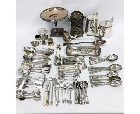 Quantity of EPNS to include Old English and Fiddle pattern table flatware, soup ladle, teapot and hot water jug, pedestal com