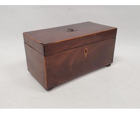 19th century mahogany tea caddy, two-section interior with glass mixing bowl, on squat bun feet, 16cm x 30cm x 15cm