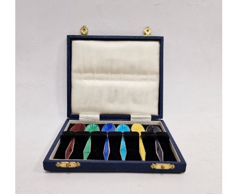 Set of six silver-gilt and harlequin enamel coffee spoons, Birmingham 1970, each with guilloche enamel fan pattern engraved b
