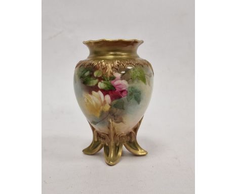 Royal Worcester porcelain James Hadley vase with frilled everted rim, the shouldered tapering body with relief foliate border