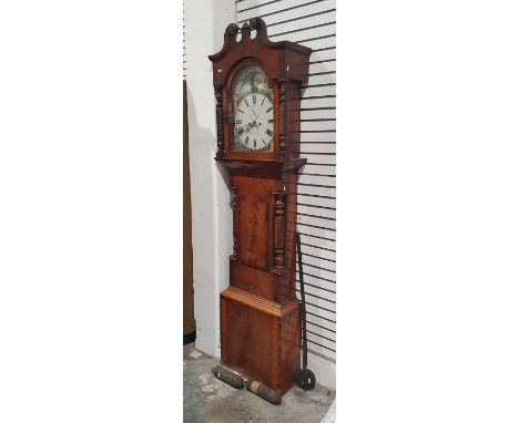 19th century longcase clock by T Russell, Liverpool, the arched top painted dial with seated ladies in the quarters and churc