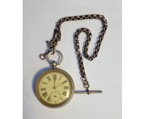 White metal open-faced gentleman's pocket watch, the enamel dial with Roman numerals and subsidiary seconds hand, with an alb