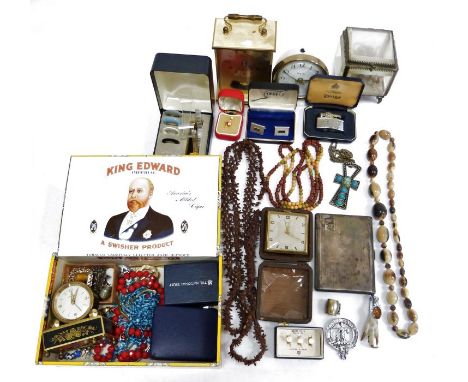 Costume jewellery to include cufflinks, bangles, necklaces, Metamec quartz carriage clock, further clocks, Ronson lighter, et