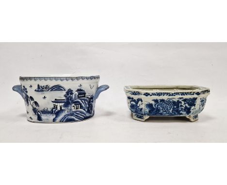 Chinese porcelain shaped rectangular footed planter with incuse corners and on bracket feet, underglaze blue, bamboo and flor