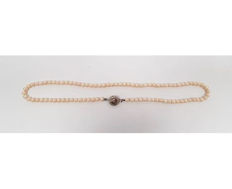 Chinese pink cultured pearl necklace, single-strand and the silver-coloured metal clasp, 42cm long, pair of cultured pearl ea