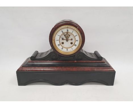 Substantial 19th century slate and marble mantel clock, the circular dial with Roman numerals, an enamel chapter ring featuri