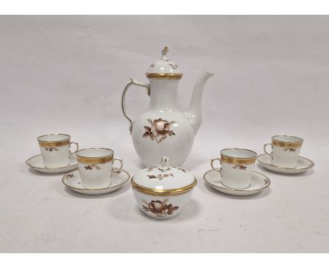 Royal Copenhagen porcelain part coffee set, brown rose pattern, to include coffee pot, covered sugar basin and four coffee ca