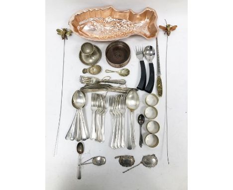 Small quantity of EPNS flatware, sundry plated and other metalware, a silver teaspoon and a silver brandy label 