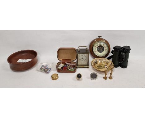 Wooden cased circular barometer, a 1970's carriage clock by Biggs of Farnham, a pair of Hawke 10x42 binoculars, a late 20th c