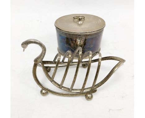 Old Sheffield plated tea caddy, oval and straight-sided, circa 1790 and a swan-pattern EPNS toast rack 