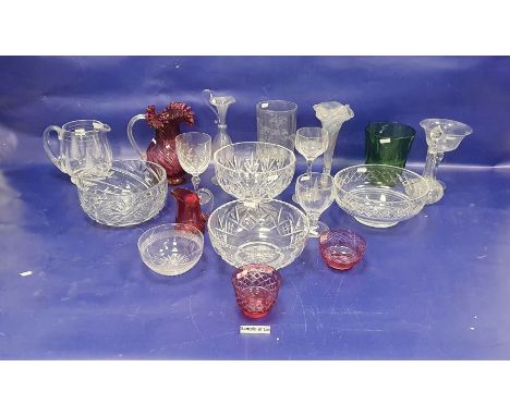 Set of four Stuart wine/water glasses with cut fern decoration 12.5cm, and matching water jug 15cm, a Victorian cranberry gla