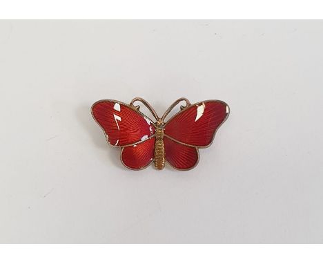 David Andersen, Norway, red enamel and sterling silver butterfly brooch, 3cm wide