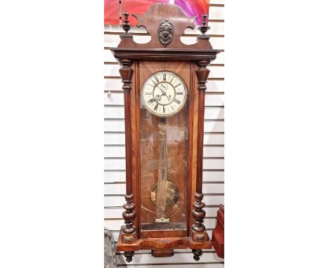 Victorian Vienna regulator style clock with enamel dial and Roman numerals and subsidiary seconds hand, 113cm&nbsp;