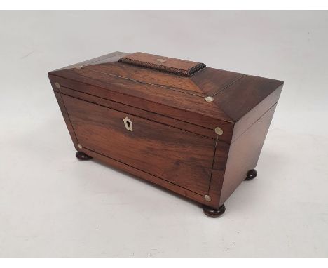 19th century rosewood and mother-of-pearl inlaid sarcophagus-shaped tea caddy, on squat turned feet, 16cm x 27.5cm x 14cm
