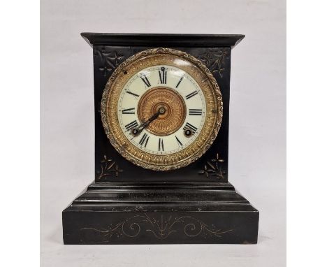 Slate-cased mantel clock with Roman numerals to the enamel dial
