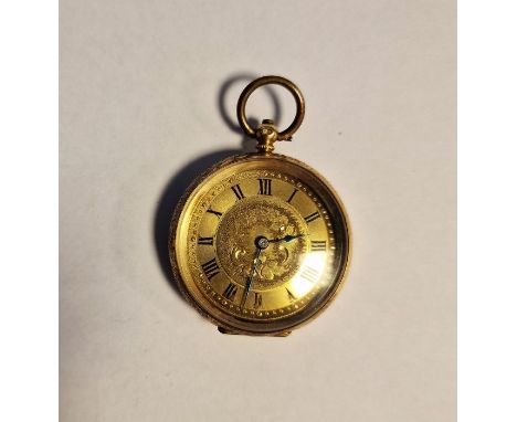 18ct gold-cased open-faced pocket watch, the gold enamel dial with foliate engraving and Arabic numerals, the reverse with fu