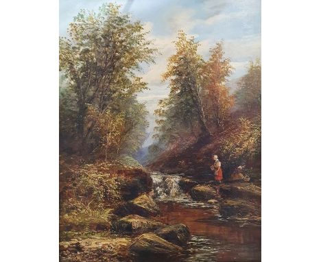 J. Mellor Oil on boardMountain stream with waterfall, female figures on right hand side, with baskets in wooded landscape, fr