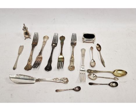 Silver salt with blue glass liner and silver pepperette, approx. 2.3ozt and electroplated and white metal flatware to include