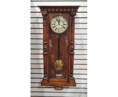 19th century Vienna regulator-type clock with Roman numerals, on enamelled chapter ring, with subsidiary minute hand and half