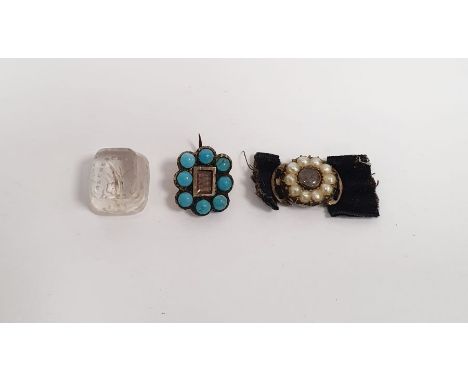 Victorian gold-coloured metal, turquoise set lace brooch, a gold-coloured metal split pearl and hair clasp and a glass intagl