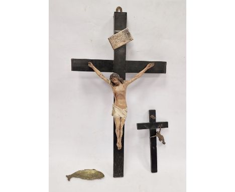19th century crucifix with cold painted plaster figure of Christ and silver coloured plaque inscribed "INRI" 55.5cm, a small 
