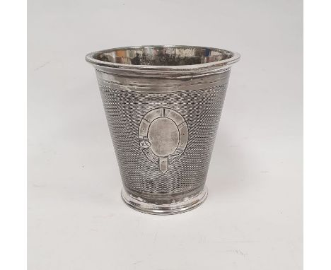 White metal ice bucket with engine-turned decoration and belt motif, of tapering form to circular foot