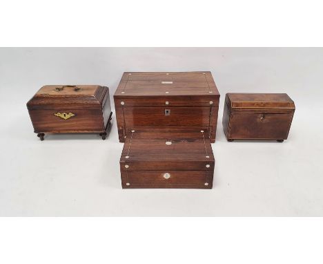 19th century yew two-section tea caddy,, a mother-of-pearl inlaid rosewood box, a 19th century rosewood box with secret drawe
