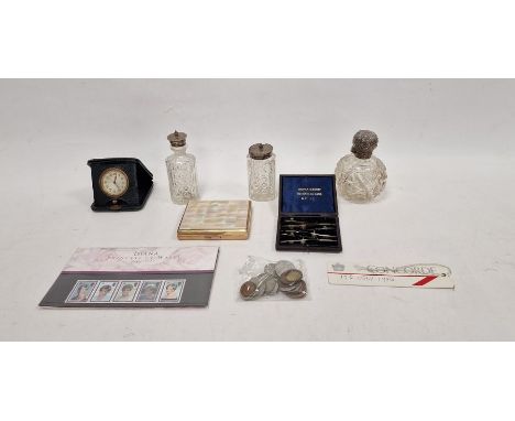 Cut glass dressing table set to include a perfume bottle and two further bottles with silver-plated tops, a vintage V Rathbon