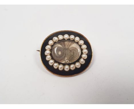 Victorian gold, cultured pearl and black enamel memorial brooch, oval with inscription verso Condition ReportWeight approx 7.