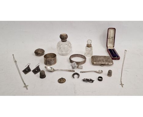 Assorted miscellanous silver and white metal wares to include napkin ring, caps, teaspoons, cigarette case, bangle, glass bot