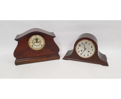 Mid 20th century oak Napoleon's hat cased clock with a mahogany and inlaid elaborately shaped mantel clock, this movement by 