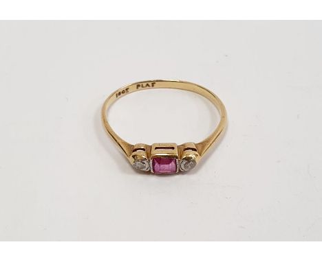 18ct gold, ruby and diamond ring set centre baguette-cut ruby flanked by pair collet-set small diamondsCondition ReportSize N