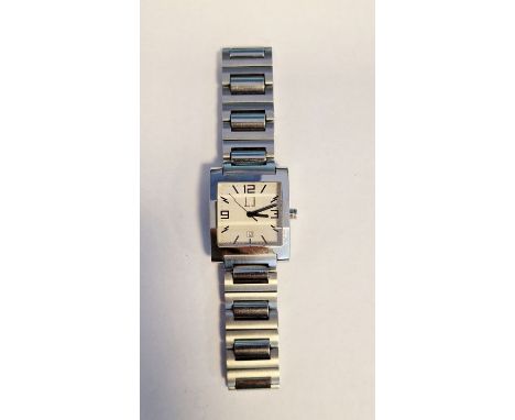 Dunhill stainless steel gentleman's wristwatch with square face, sweep second hand and calendar aperture, on a steel link bra
