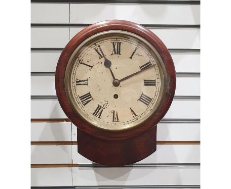 Small mahogany cased drop dial wall clock with painted circular dial and Roman numerals, single train fusee movement, diamete