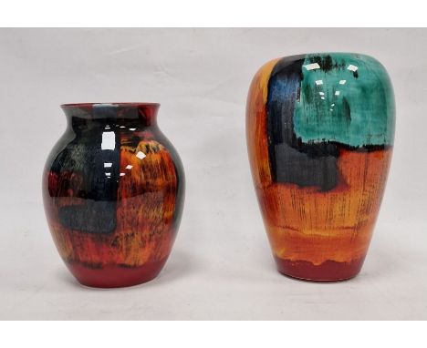 Modern Poole pottery vase with everted rim, the ovoid body abstract decorated in blue, grey, orange and red, 20.5cm and anoth