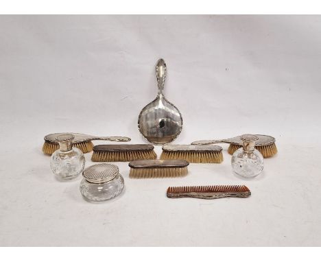 Silver-backed dressing table set, Birmingham, Walker & Hall, with engine-turned decoration to include brushes, mirror, comb, 