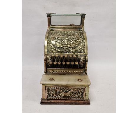 19th century brass "National" cash register&nbsp;(637250311) with ornate scroll and floral drape detailed case, marble cash s