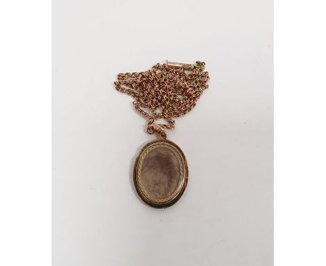 Gold and enamel locket front pendant, oval with brocade work decoration (back missing) and the 9ct chain link necklace, 40cm 