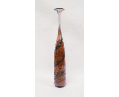 Large Isle of Wight glass bottle vase with narrow drawn neck and flattened rim, designed by Michael Harris, decorated with re