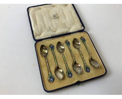 Cased Set of Mappin and Webb Silver and Enamel Teaspoons - Birmingham 1930 in Original Case - 9cm Long 