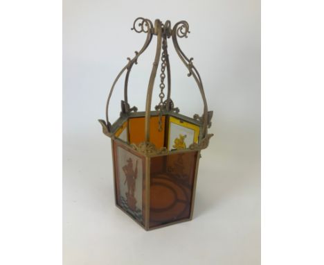 Victorian Wrought Iron Hall Lantern Decorated with Four Stained Glass Panels of Mythical Knights and Two Amber Glass Panels -