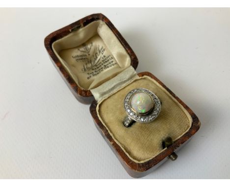 Large Opal and Diamond Ring - White Gold 14K (Mark Rubbed) - Size L - Vintage Barnstaple Box 