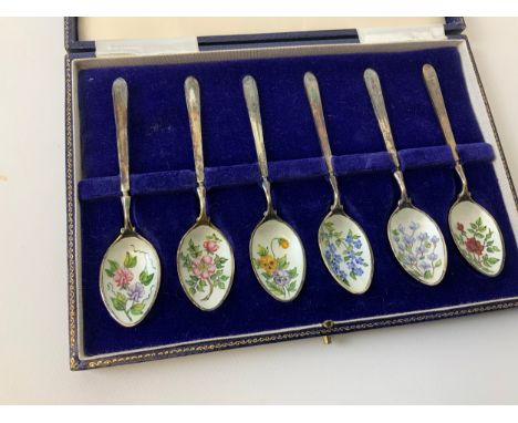 6x Vintage Silver and Enamel Teaspoons with Floral Guilloche Detail - 1966 Birmingham - Maker Cohen &amp; Charles 